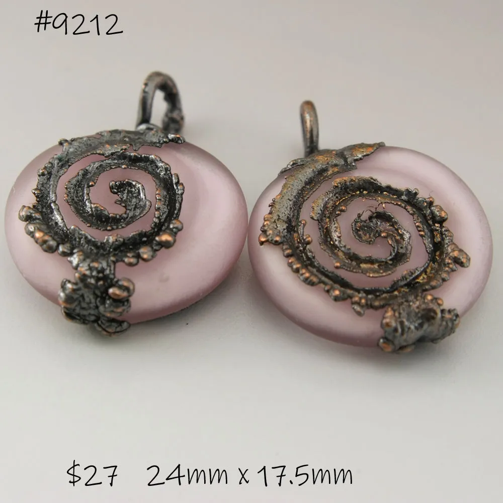 Light Pink Etched Lentils with Spiral Copper Electroforming Pair