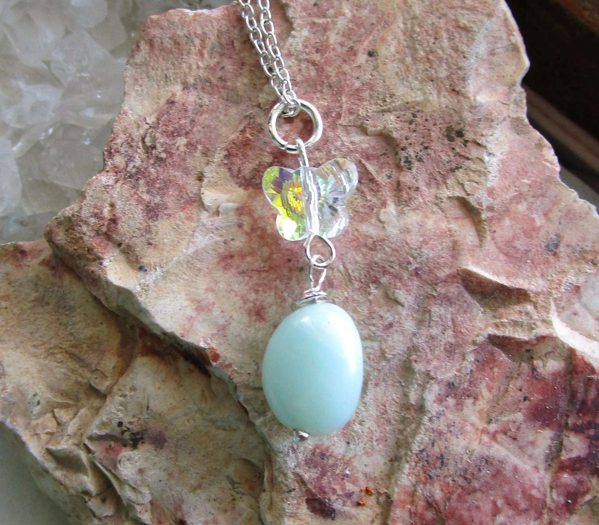 Natural Amazonite Aurora Borealis Butterfly Pendant Necklace