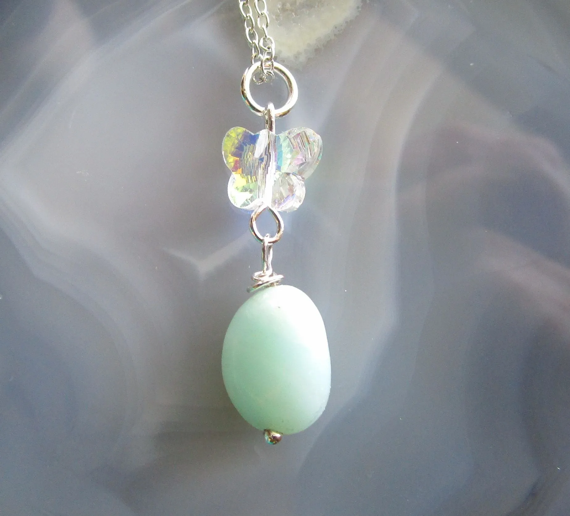 Natural Amazonite Aurora Borealis Butterfly Pendant Necklace