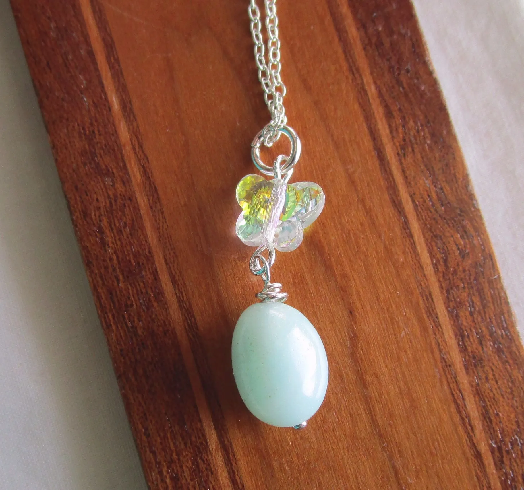 Natural Amazonite Aurora Borealis Butterfly Pendant Necklace