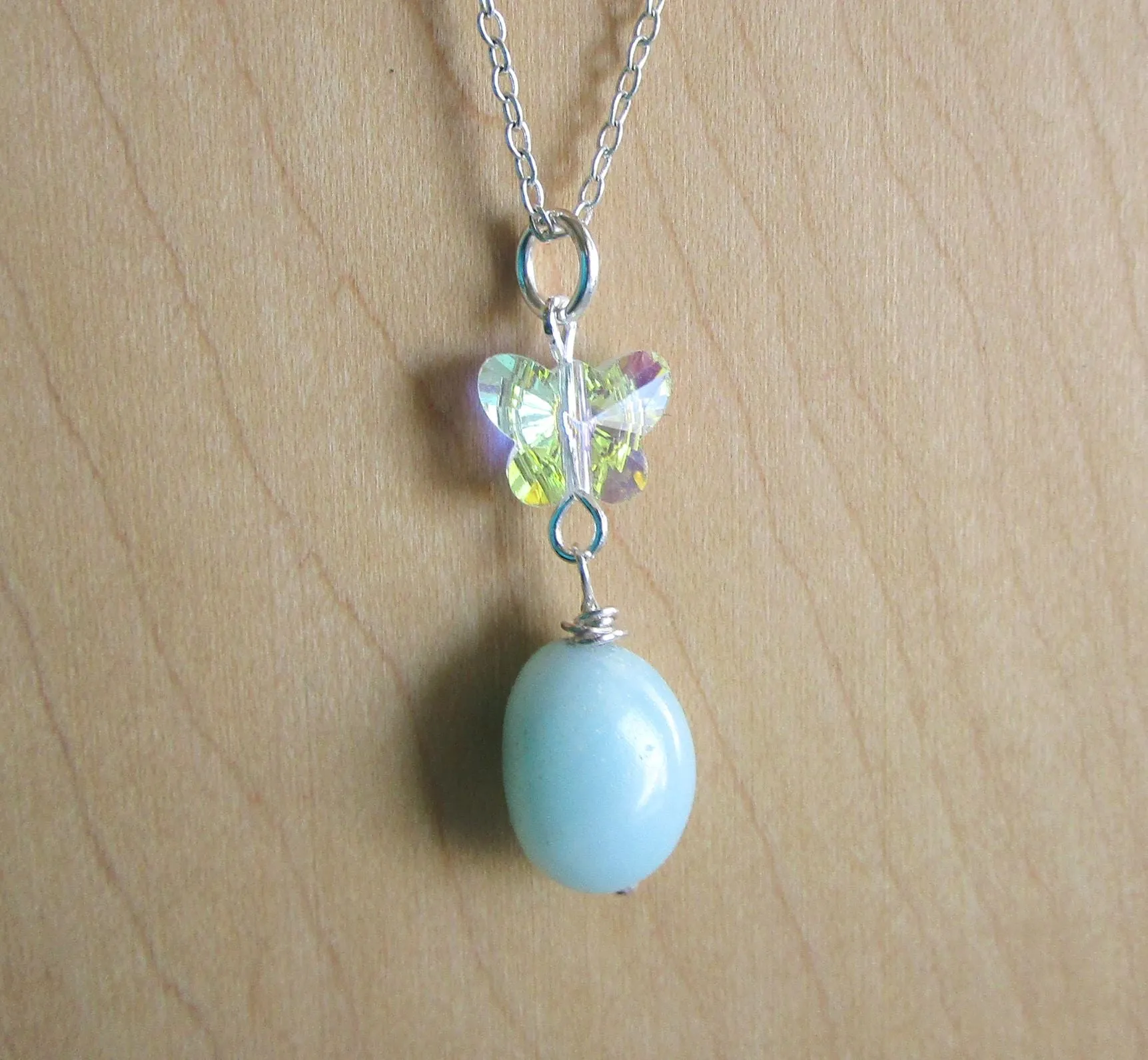Natural Amazonite Aurora Borealis Butterfly Pendant Necklace