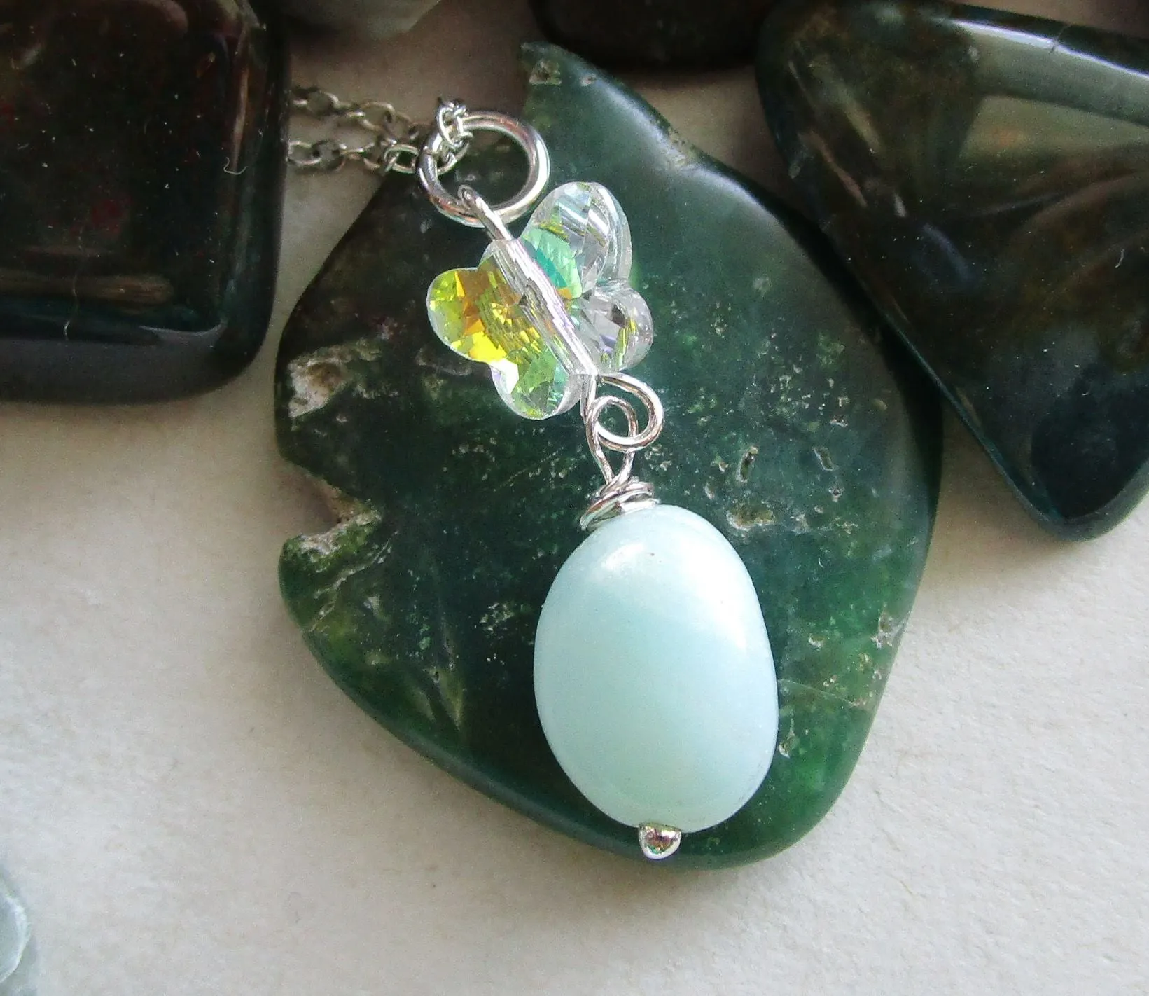 Natural Amazonite Aurora Borealis Butterfly Pendant Necklace