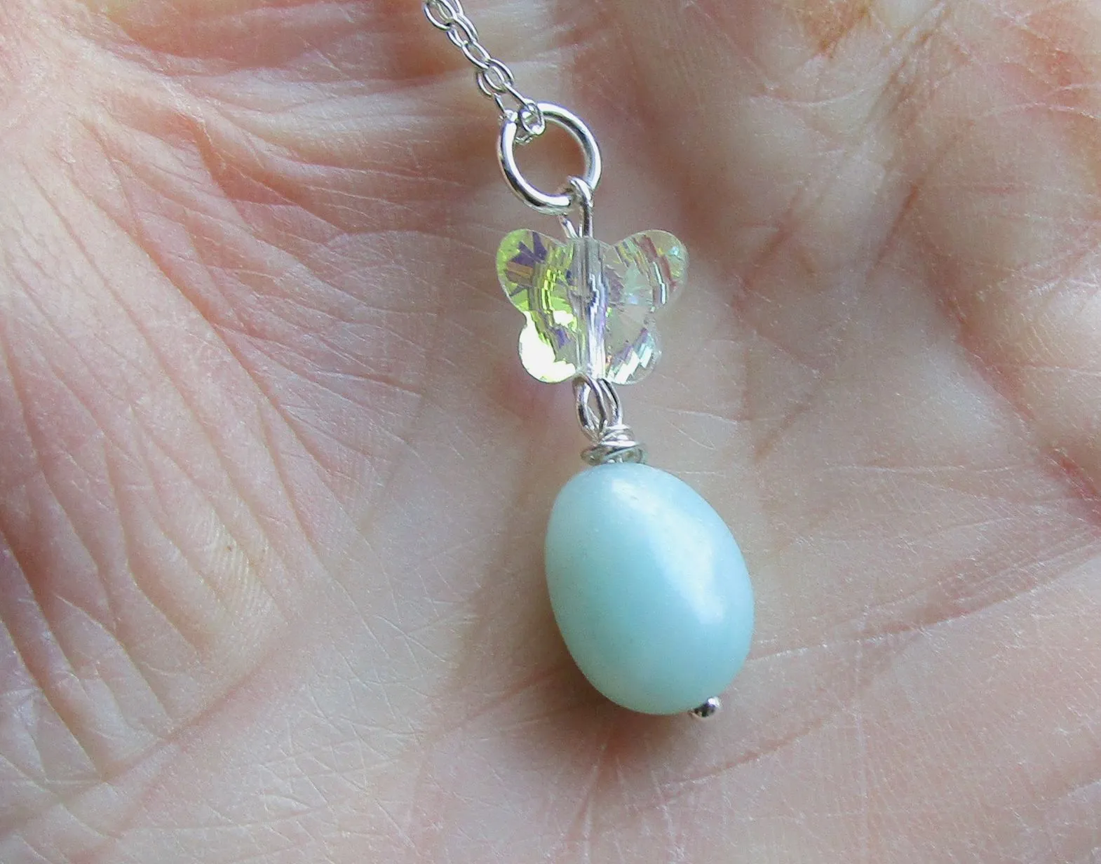 Natural Amazonite Aurora Borealis Butterfly Pendant Necklace