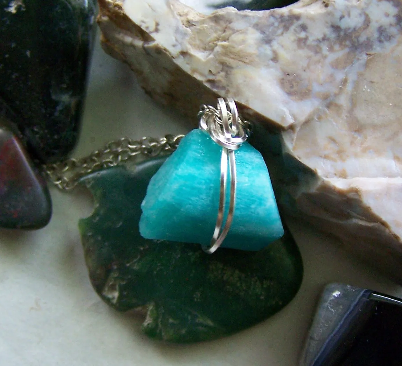 Natural Aqua Blue Amazonite Wire Wrapped Pendant