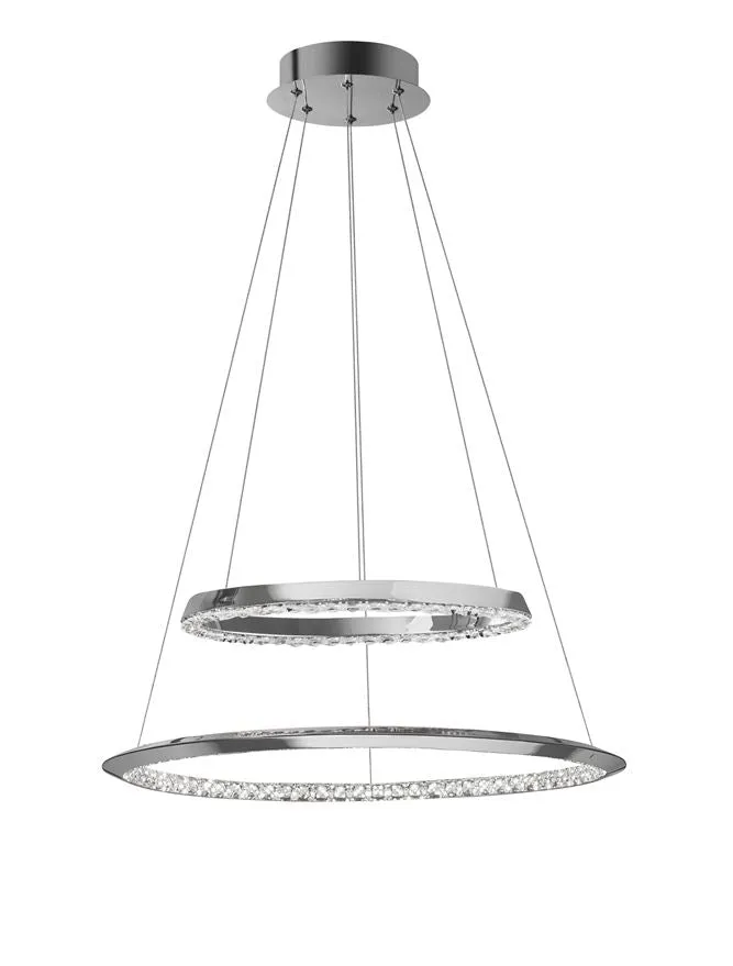 NET Chrome Aluminium & Crystal Adjustable Twin Ring Dimmable Pendant Small - ID 10469