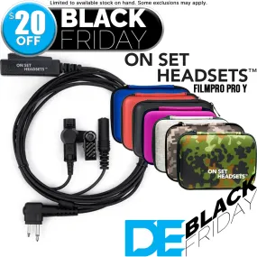 On Set Headsets™️ FilmPro Y (Black) with Motorola 2-Pin compatible connector and FREE Travel Case (Various Colors)