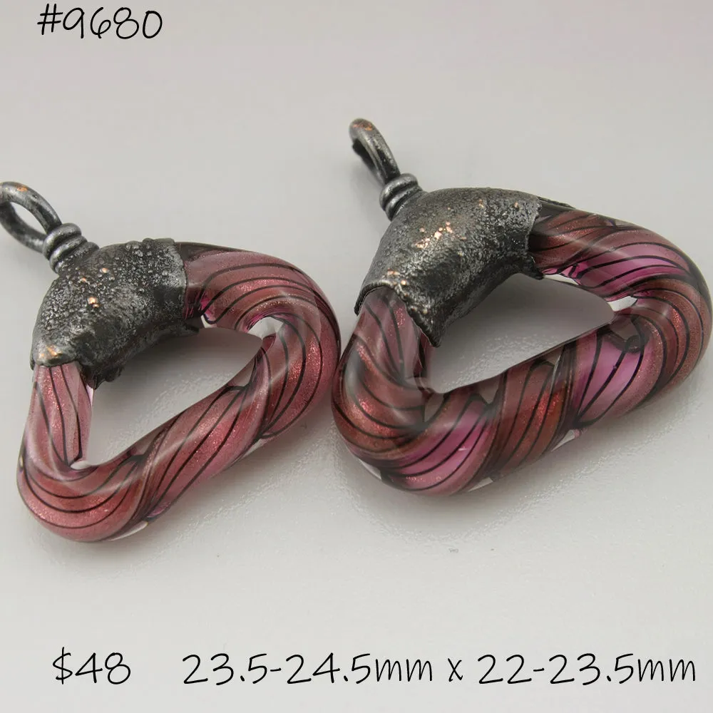 Pink Goldstone Aventurine Black Pinstripes Helix Twist Triangles with Copper Electroforming