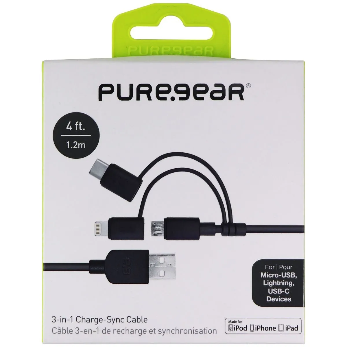 PureGear 4ft Charge-Sync Cable with USB-C, Micro USB, & Apple Adapter - Black
