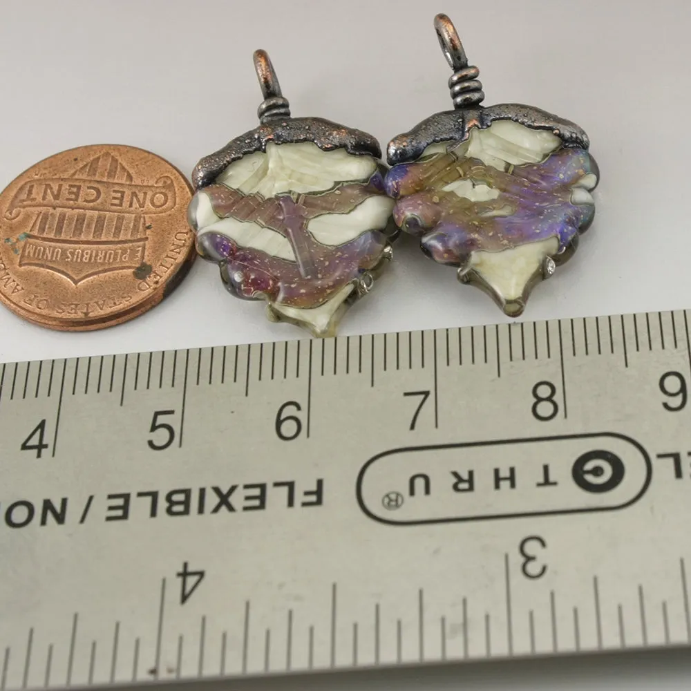 Purple Speckled Luster on Ivory Leaves with Copper Electroforming Pair
