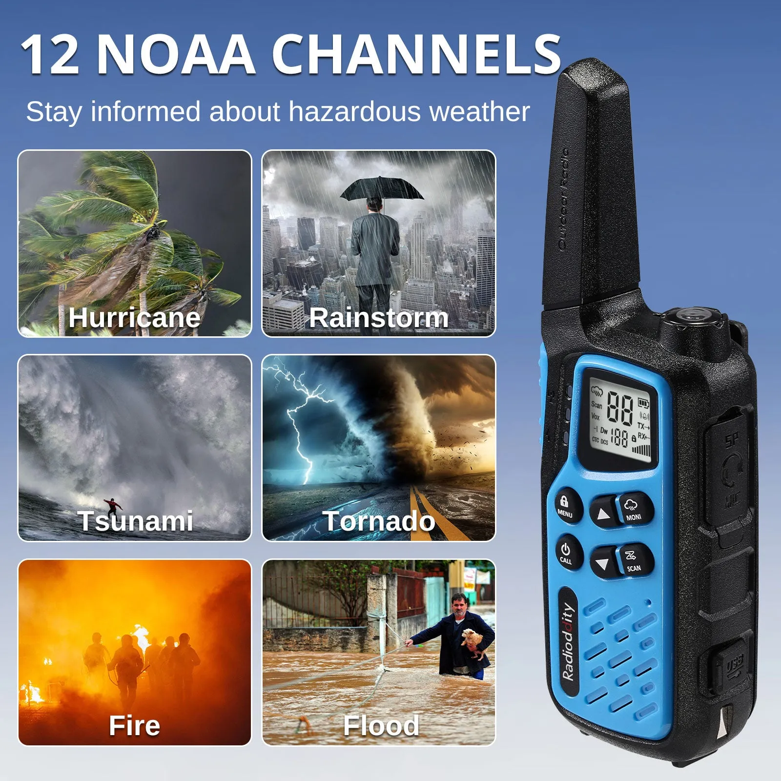 Radioddity FS-T7 FRS Radio | License Free | USB-C Charging | Dual Watch | VOX | Flashlight | NOAA