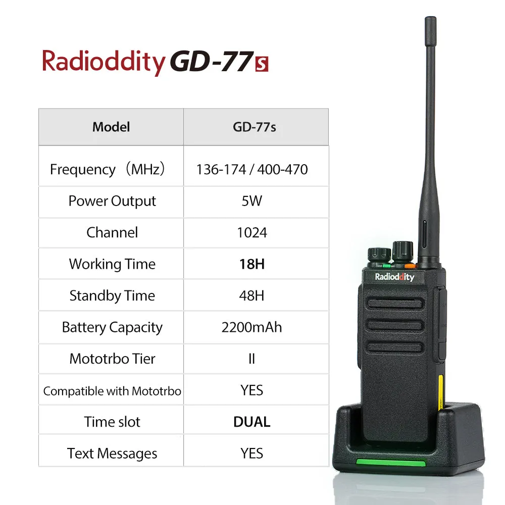 Radioddity GD-77S DMR | Dual Band | 5W | 2 Time-slot DMR | 2200mAh | with Cable [DISCONTINUED]