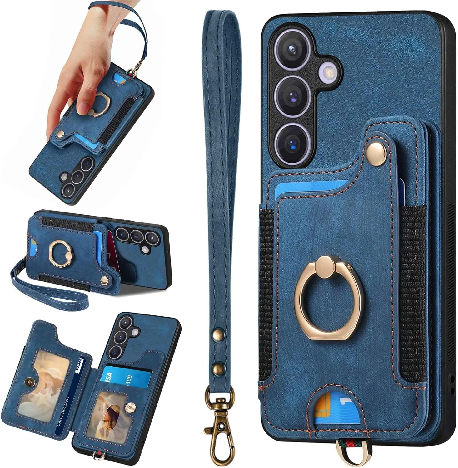 Samsung Galaxy S24 Ring Stand RFID-Blocking Wrist Strap Protective Flip Cases