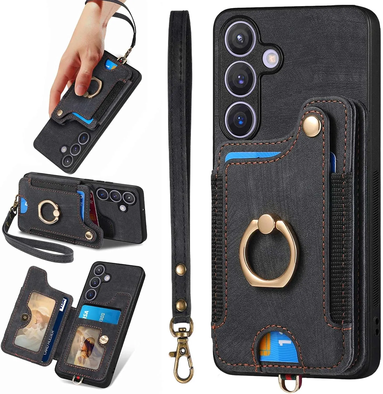 Samsung Galaxy S24 Ring Stand RFID-Blocking Wrist Strap Protective Flip Cases