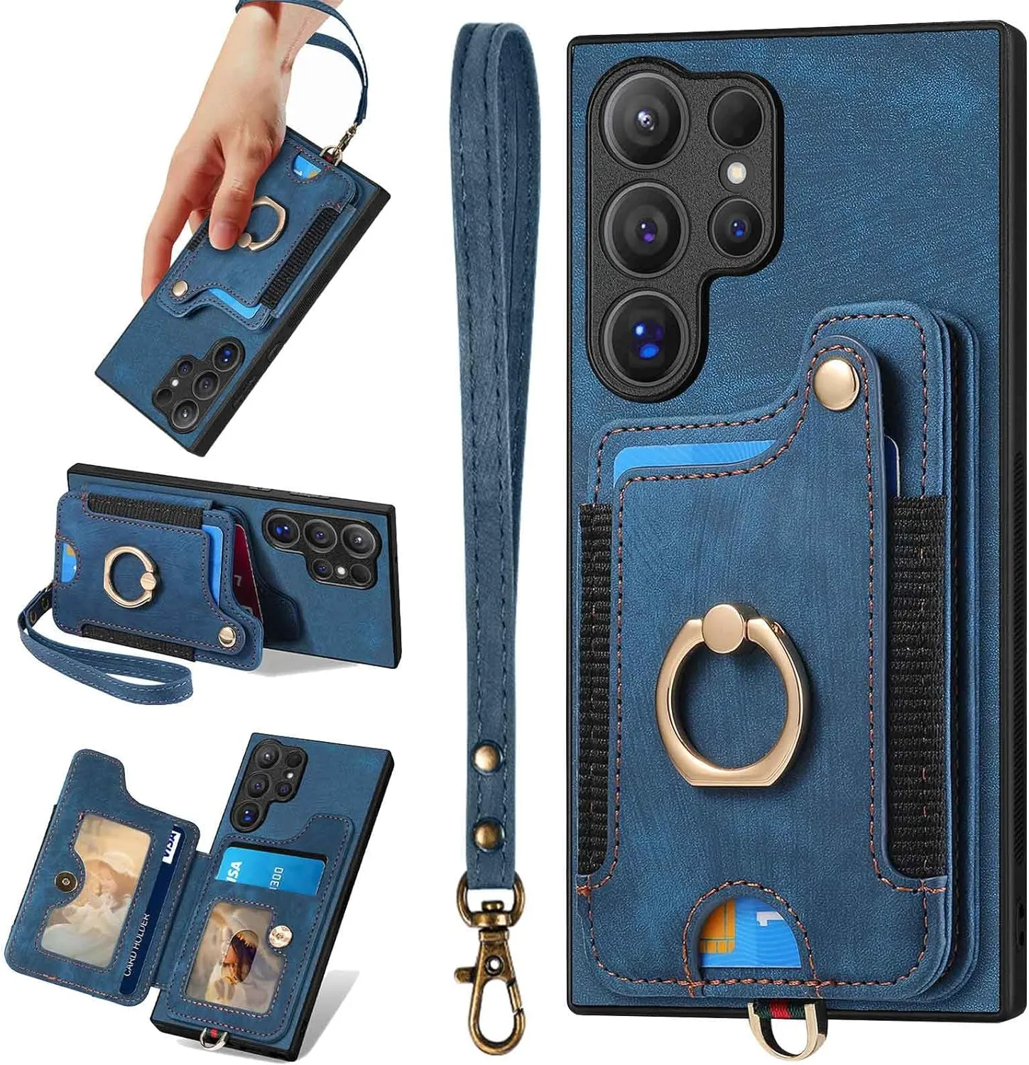 Samsung Galaxy S24 Ring Stand RFID-Blocking Wrist Strap Protective Flip Cases