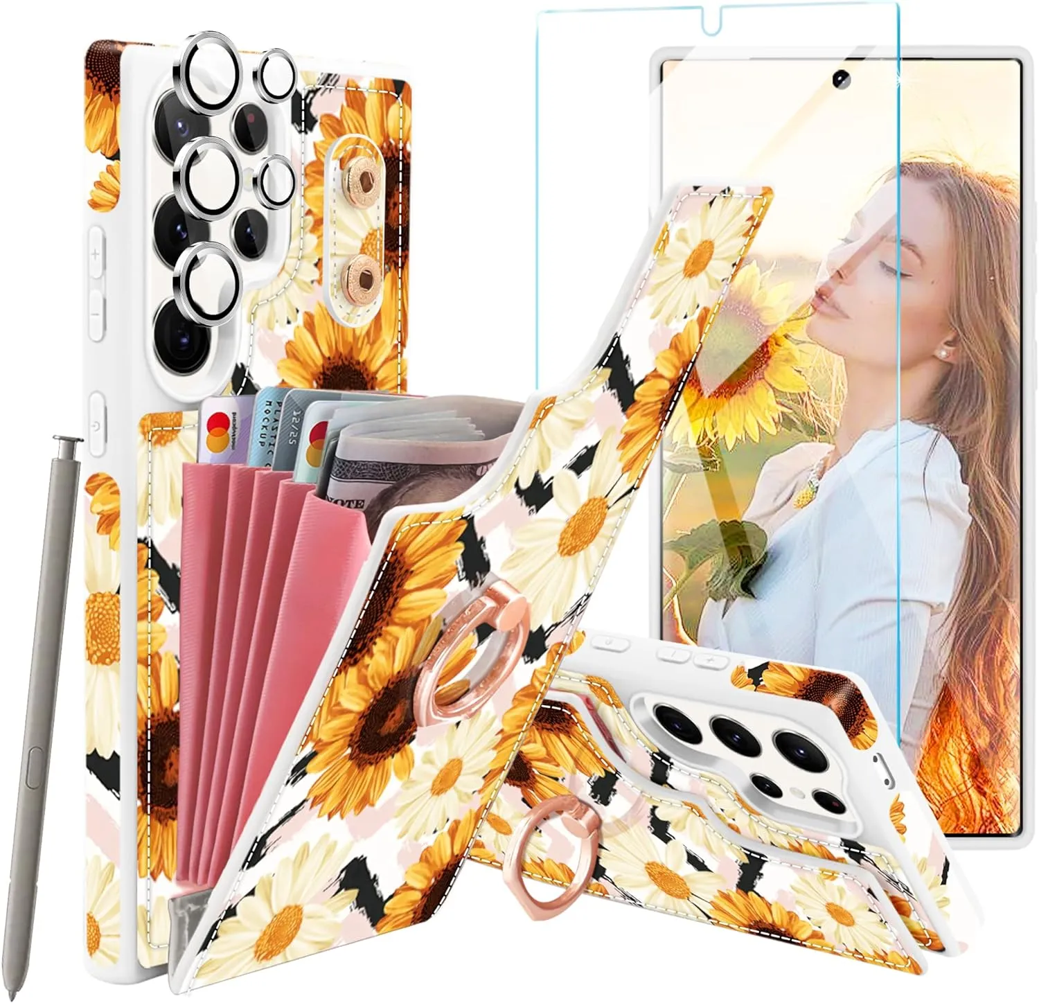 Samsung Galaxy S24 Ultra Wallet Glitter 5 Card Holder  360°Rotation Ring Stand Shockproof Cover