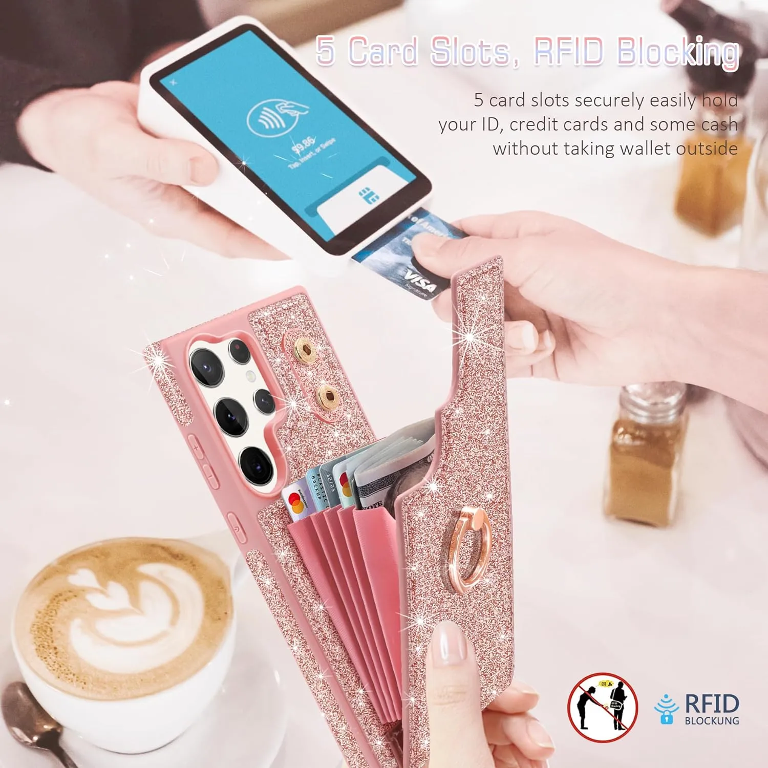 Samsung Galaxy S24 Ultra Wallet Glitter 5 Card Holder  360°Rotation Ring Stand Shockproof Cover