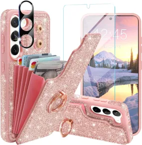 Samsung Galaxy S24 Ultra Wallet Glitter 5 Card Holder  360°Rotation Ring Stand Shockproof Cover