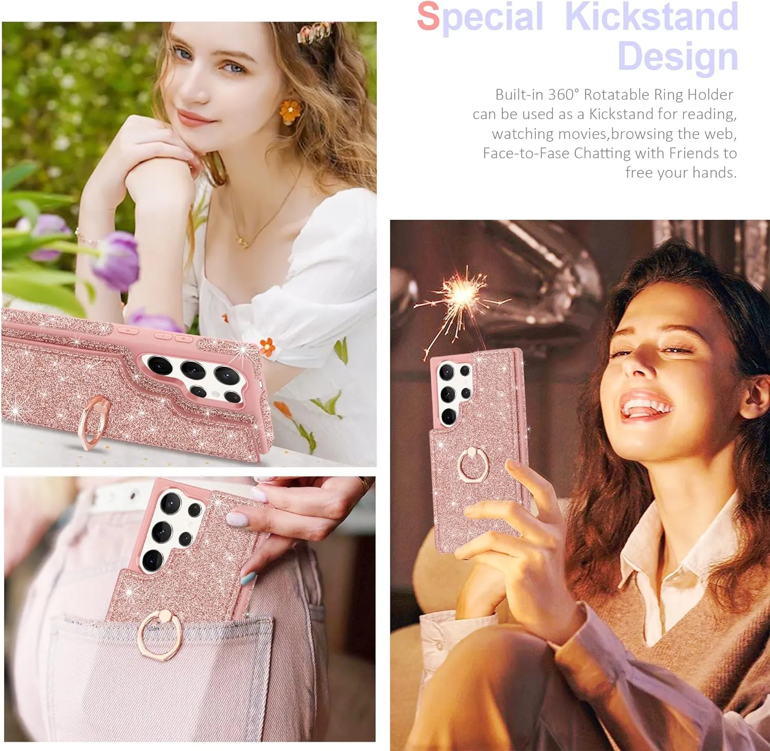 Samsung Galaxy S24 Ultra Wallet Glitter 5 Card Holder  360°Rotation Ring Stand Shockproof Cover