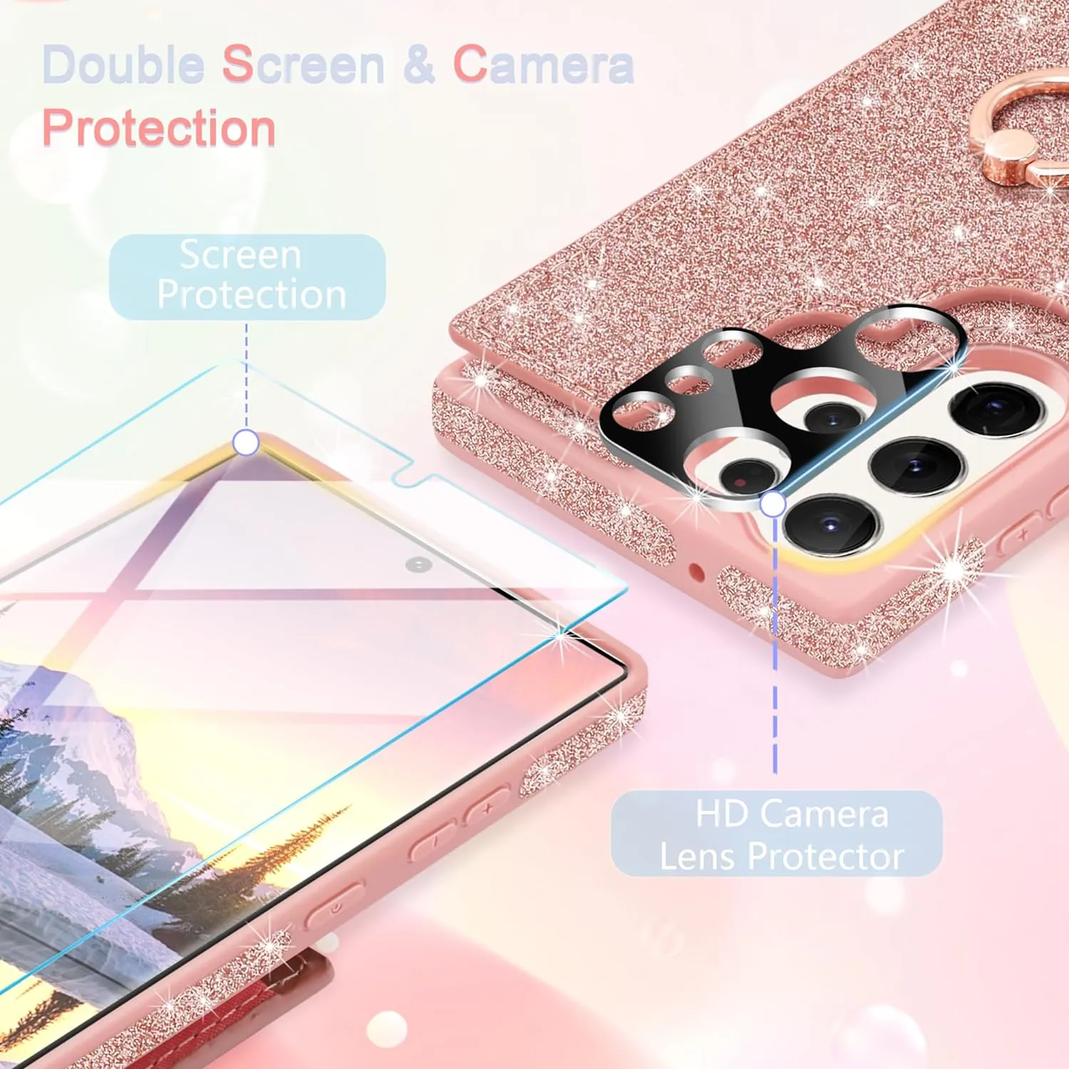 Samsung Galaxy S24 Ultra Wallet Glitter 5 Card Holder  360°Rotation Ring Stand Shockproof Cover
