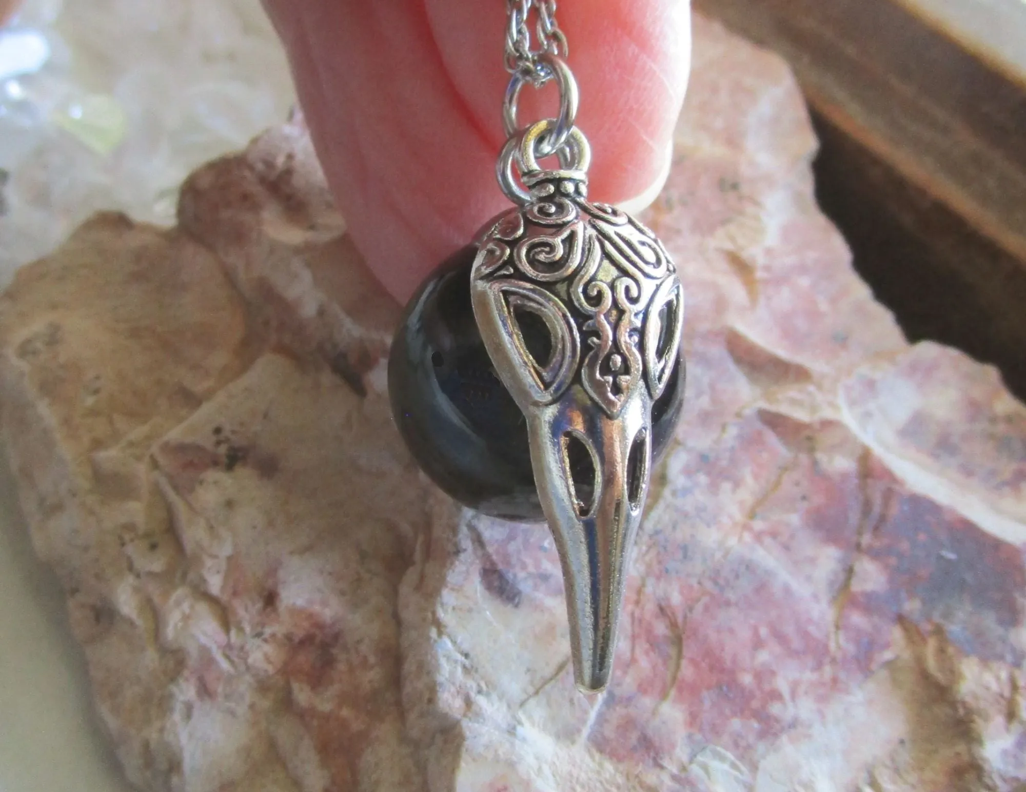 Silver Raven Skull Black Obsidian Sphere Pendant Necklace