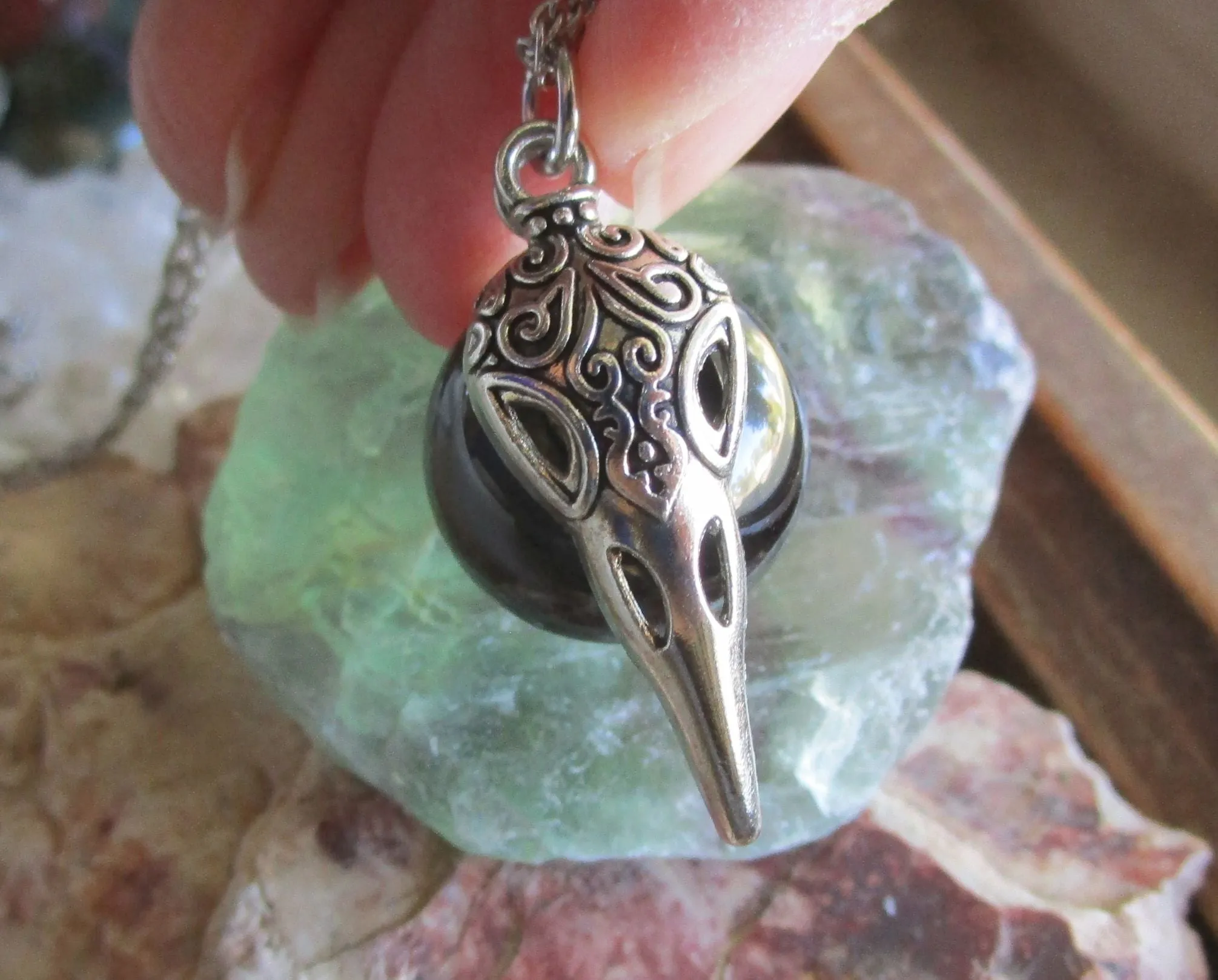 Silver Raven Skull Black Obsidian Sphere Pendant Necklace