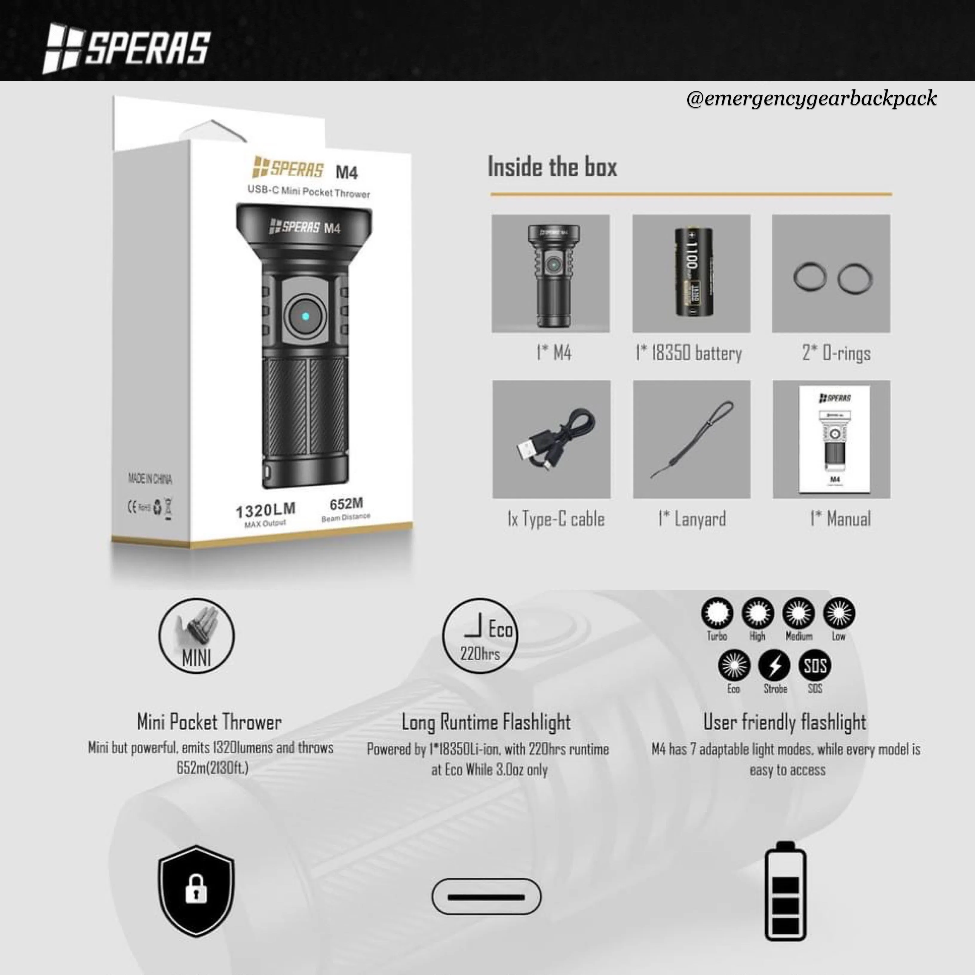 SPERAS M4 1320LMS 652M Mini Pocket Thrower Flashlight