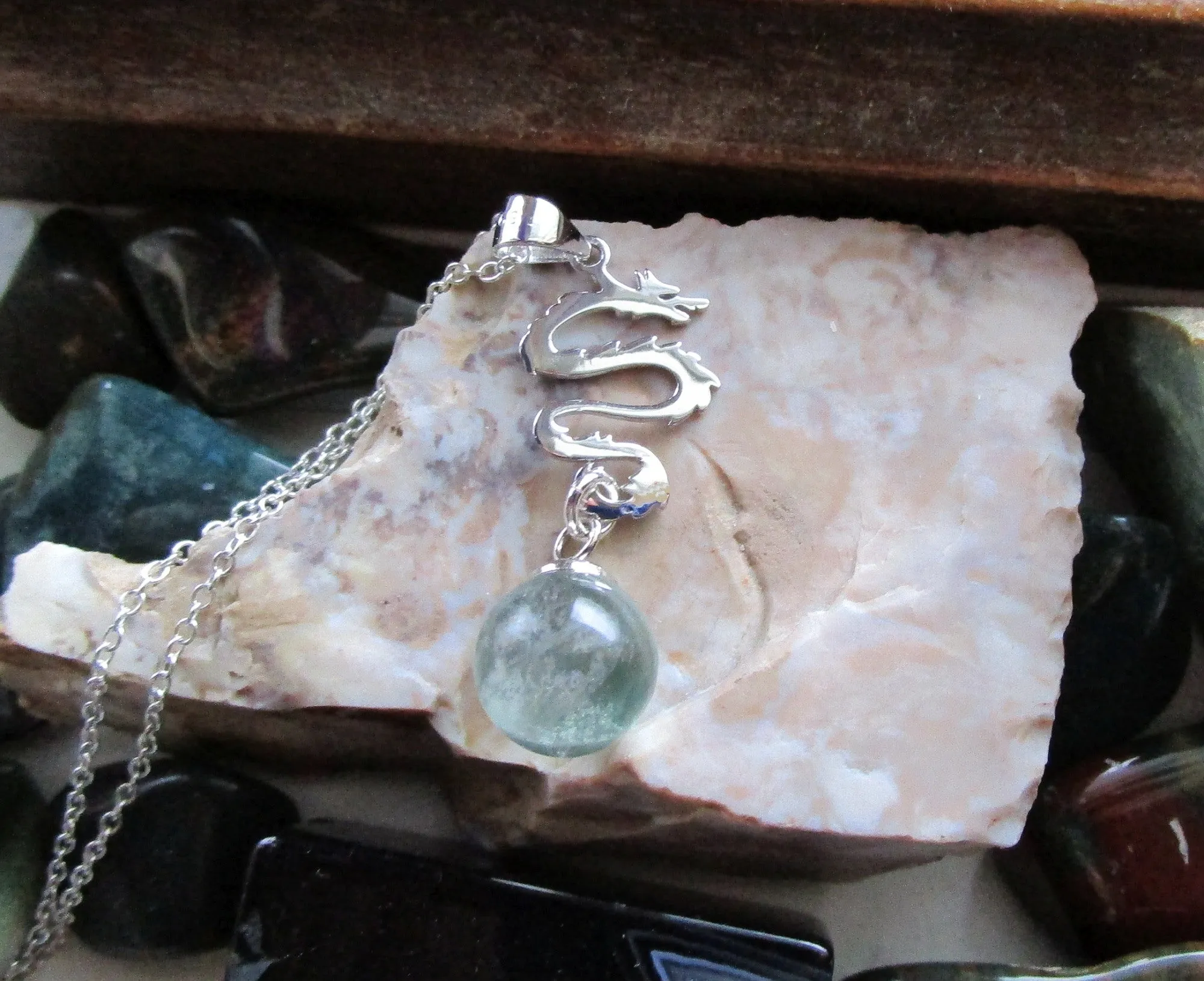 Sterling Silver Dragon Rainbow Fluorite Crystal Pendant Necklace