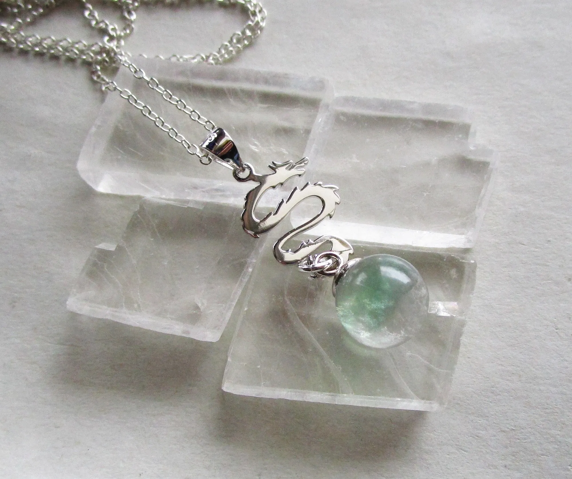 Sterling Silver Dragon Rainbow Fluorite Crystal Pendant Necklace