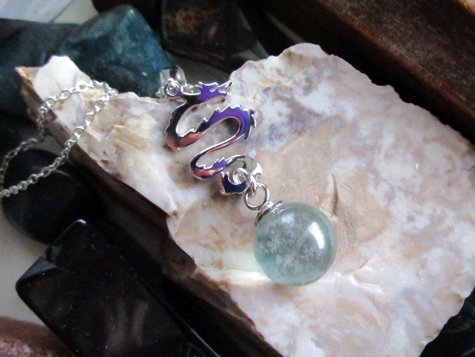 Sterling Silver Dragon Rainbow Fluorite Crystal Pendant Necklace