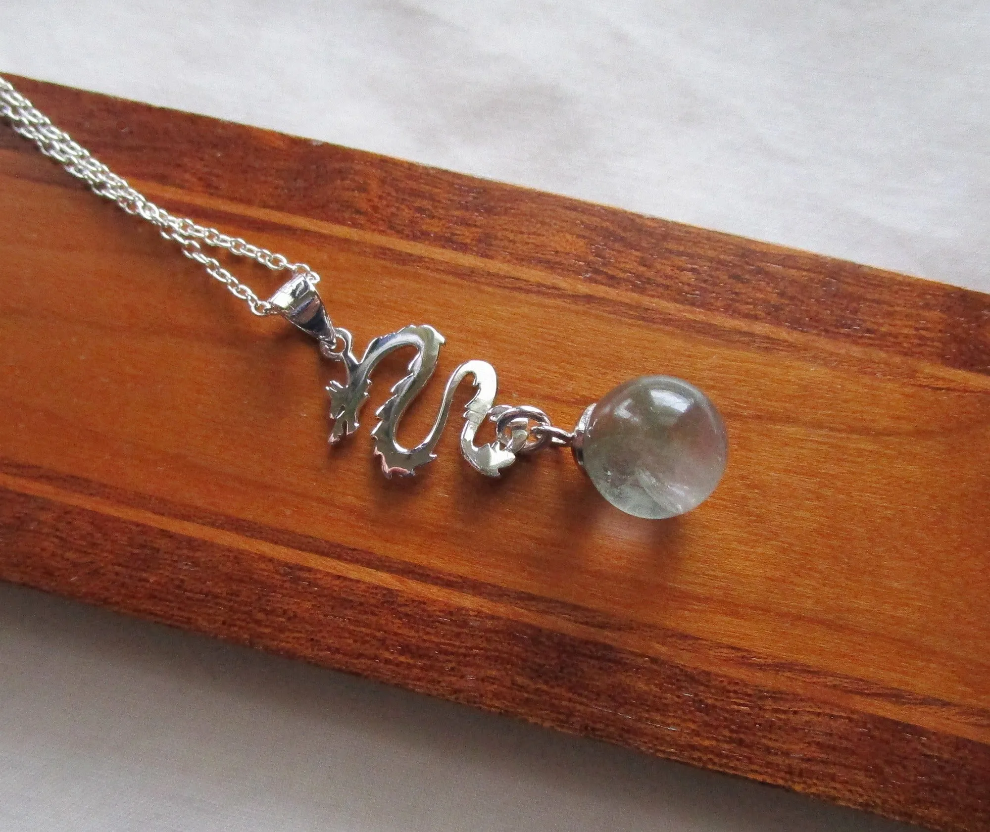 Sterling Silver Dragon Rainbow Fluorite Crystal Pendant Necklace