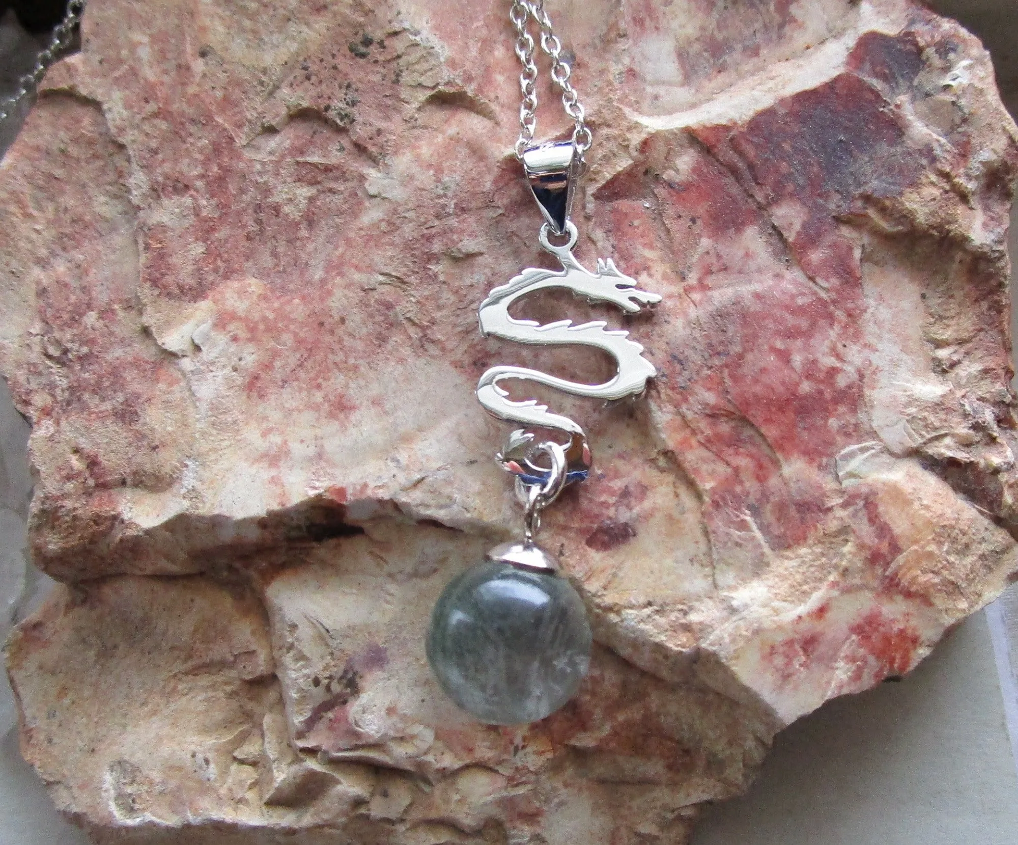 Sterling Silver Dragon Rainbow Fluorite Crystal Pendant Necklace