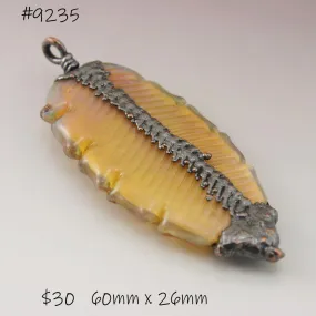 Sunrise Yellow Peach Luster Feather Focal with Copper Electroforming