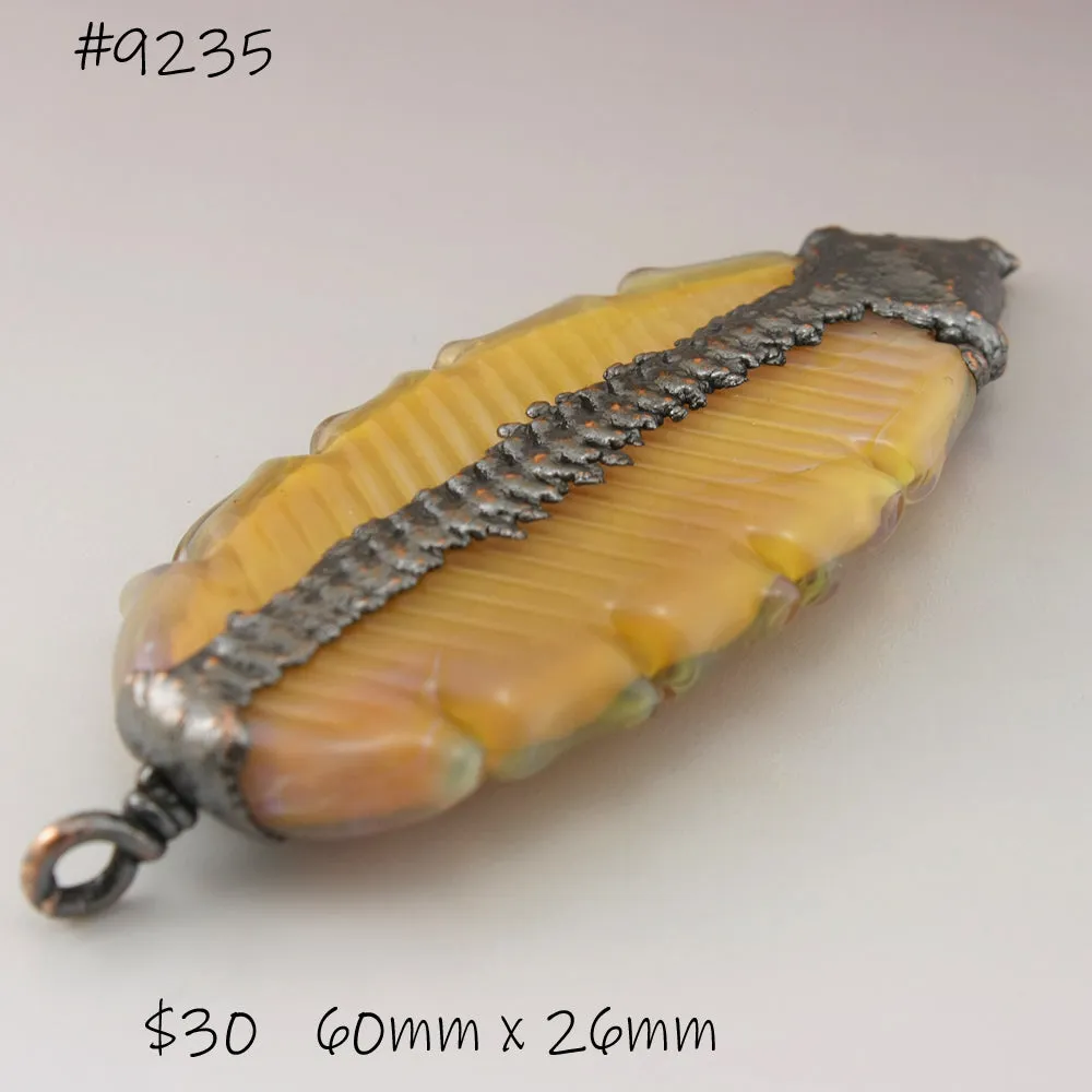 Sunrise Yellow Peach Luster Feather Focal with Copper Electroforming