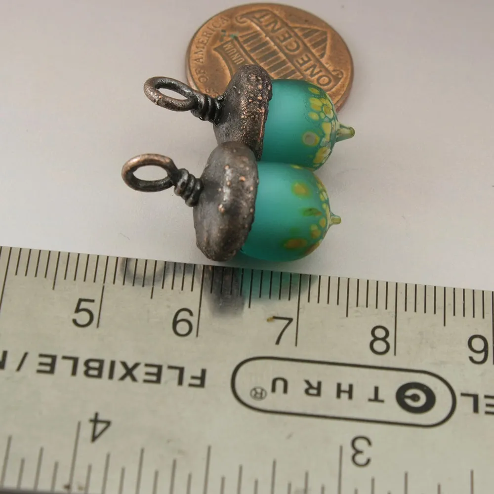 Teal Blue Green Etched Raku Acorns with Copper Electroforming