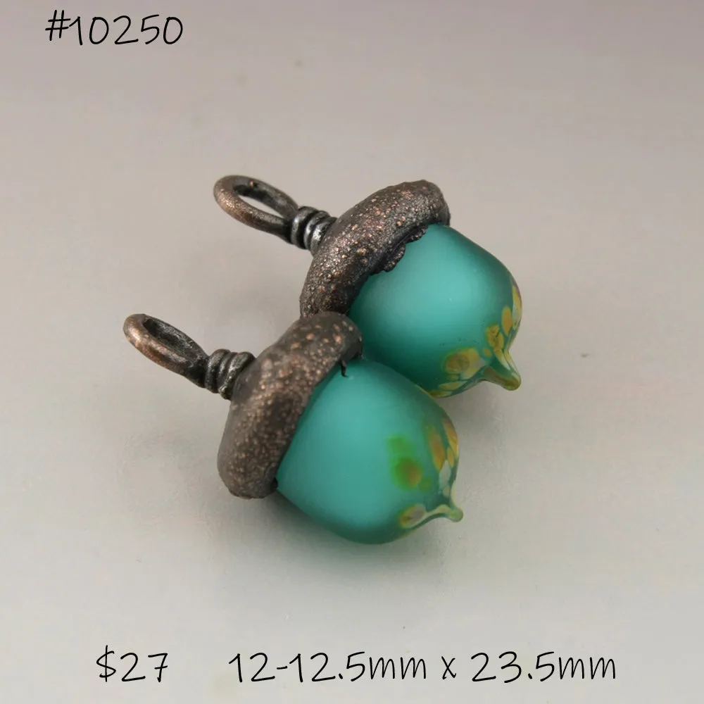 Teal Blue Green Etched Raku Acorns with Copper Electroforming