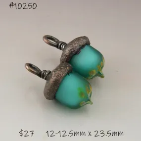 Teal Blue Green Etched Raku Acorns with Copper Electroforming