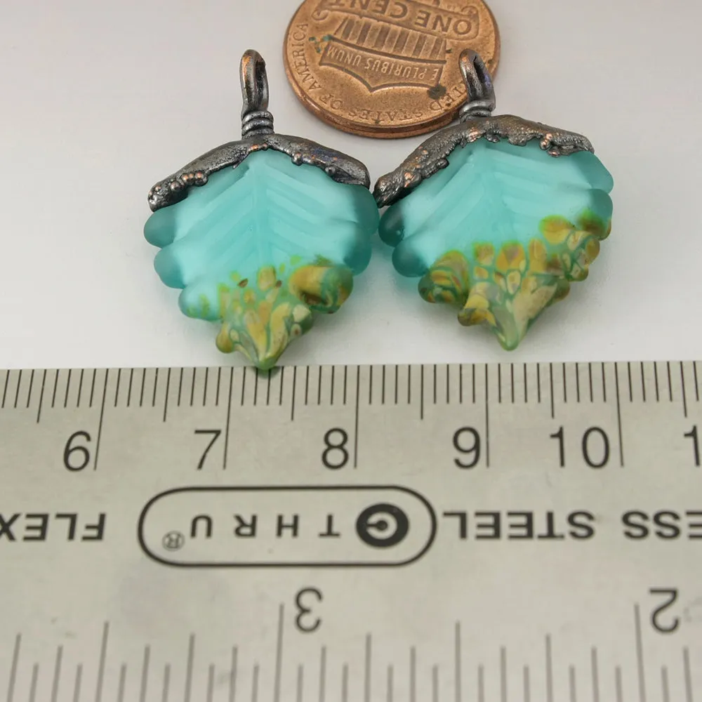 Teal Blue Green Etched Raku Leaves with Copper Electroforming