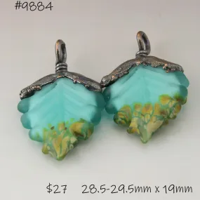 Teal Blue Green Etched Raku Leaves with Copper Electroforming