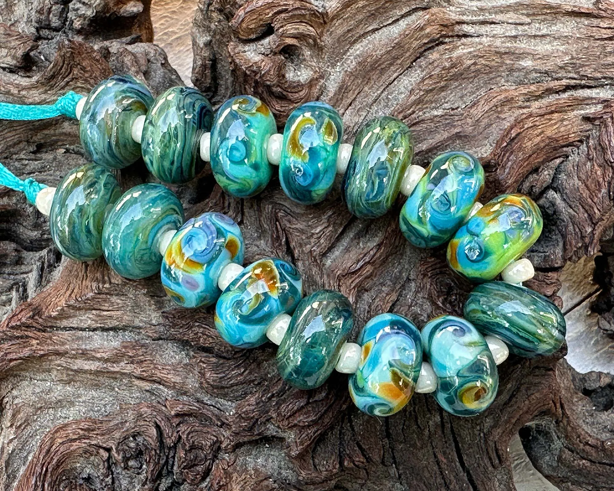 Teal Green Swirls Lampwork Beads Set SRA
