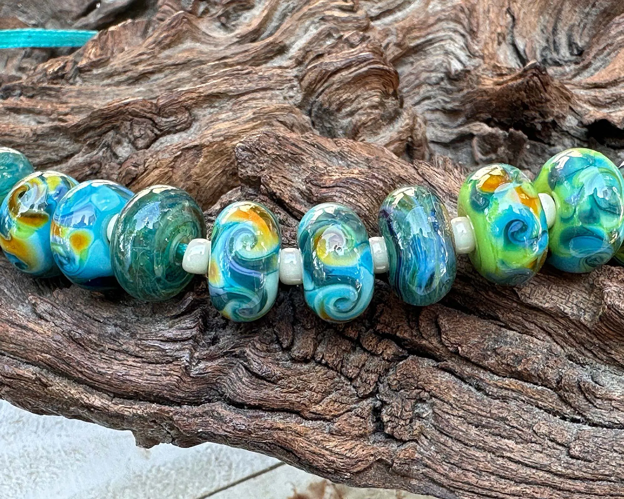 Teal Green Swirls Lampwork Beads Set SRA