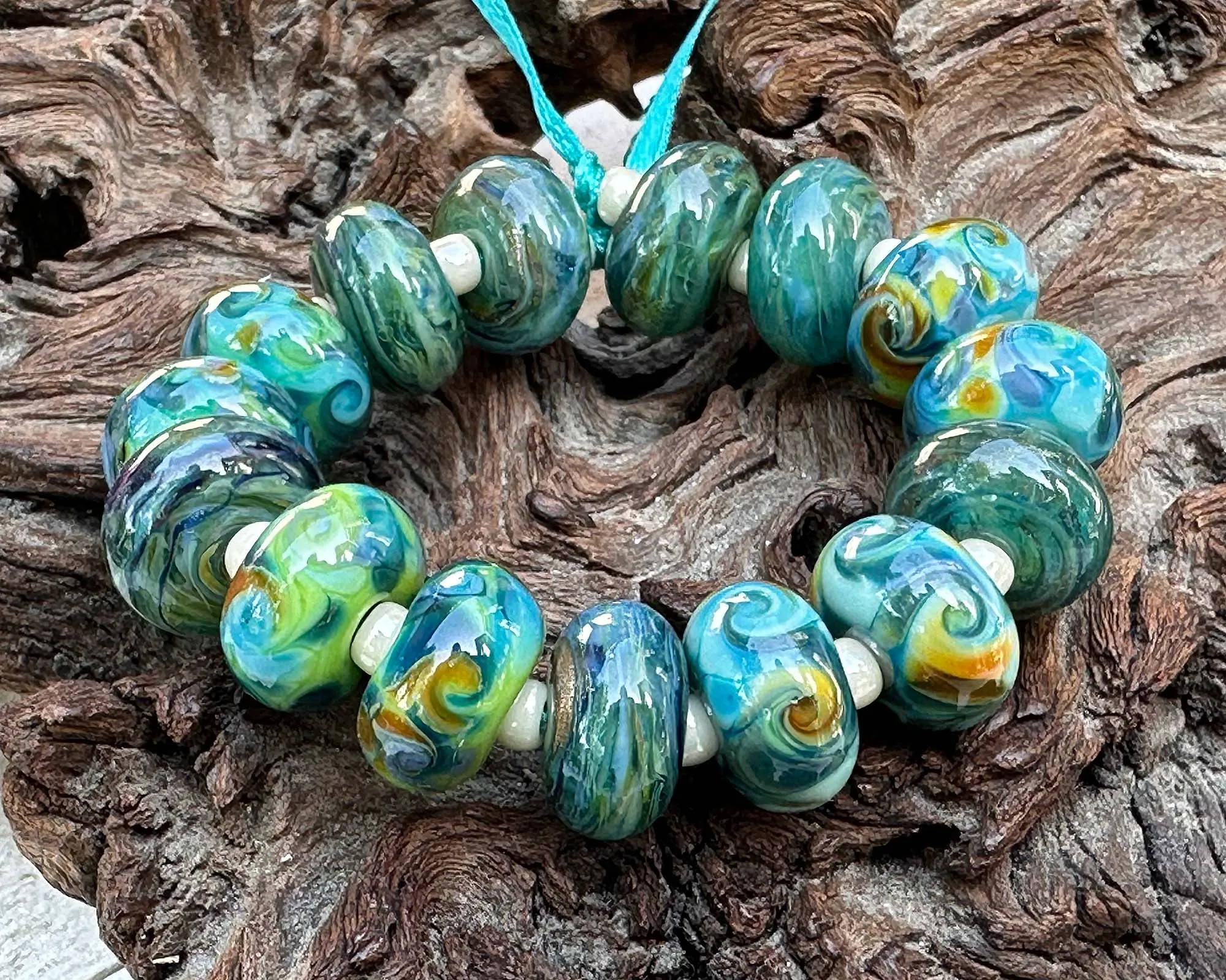 Teal Green Swirls Lampwork Beads Set SRA