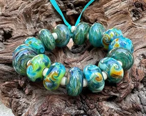Teal Green Swirls Lampwork Beads Set SRA