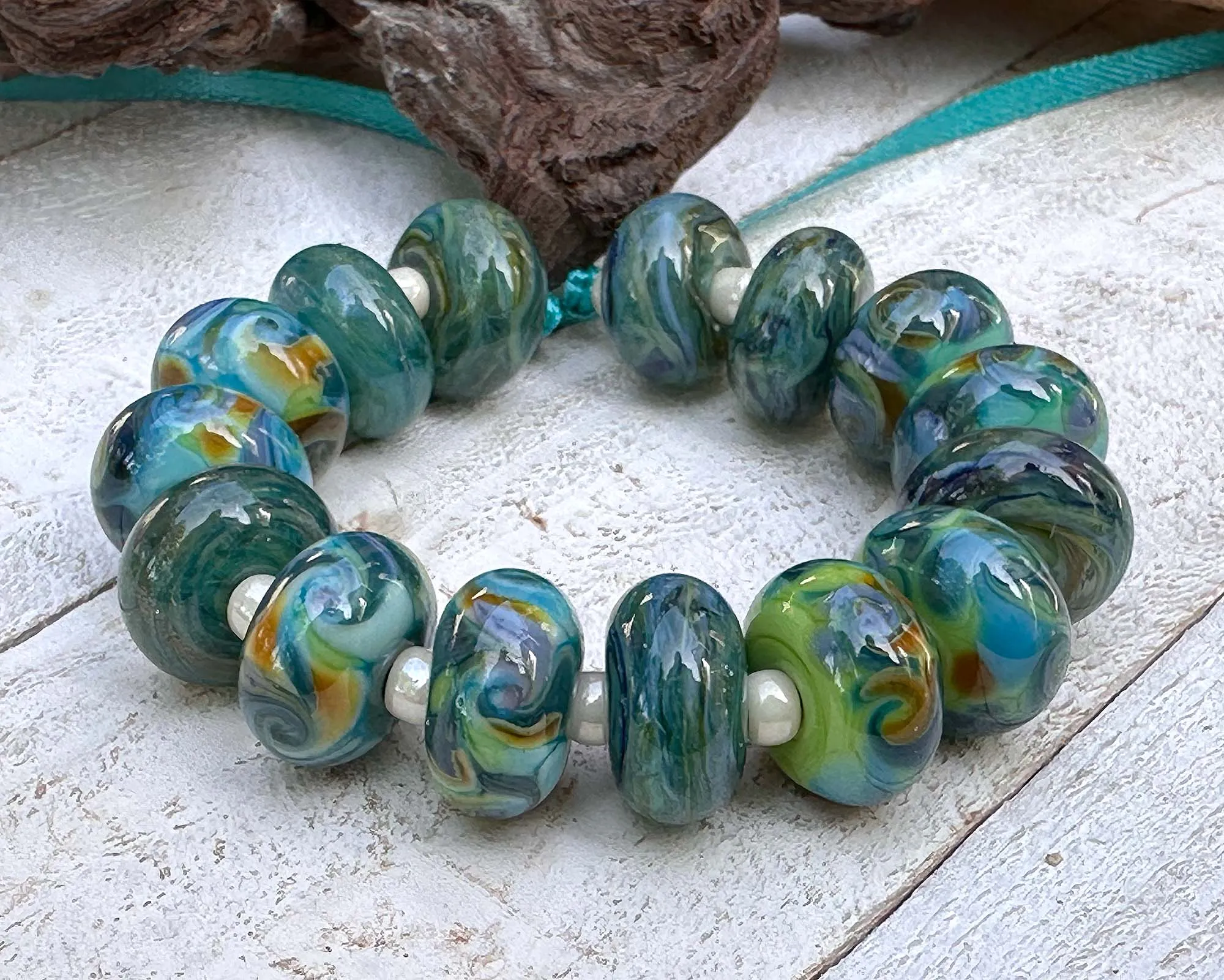 Teal Green Swirls Lampwork Beads Set SRA