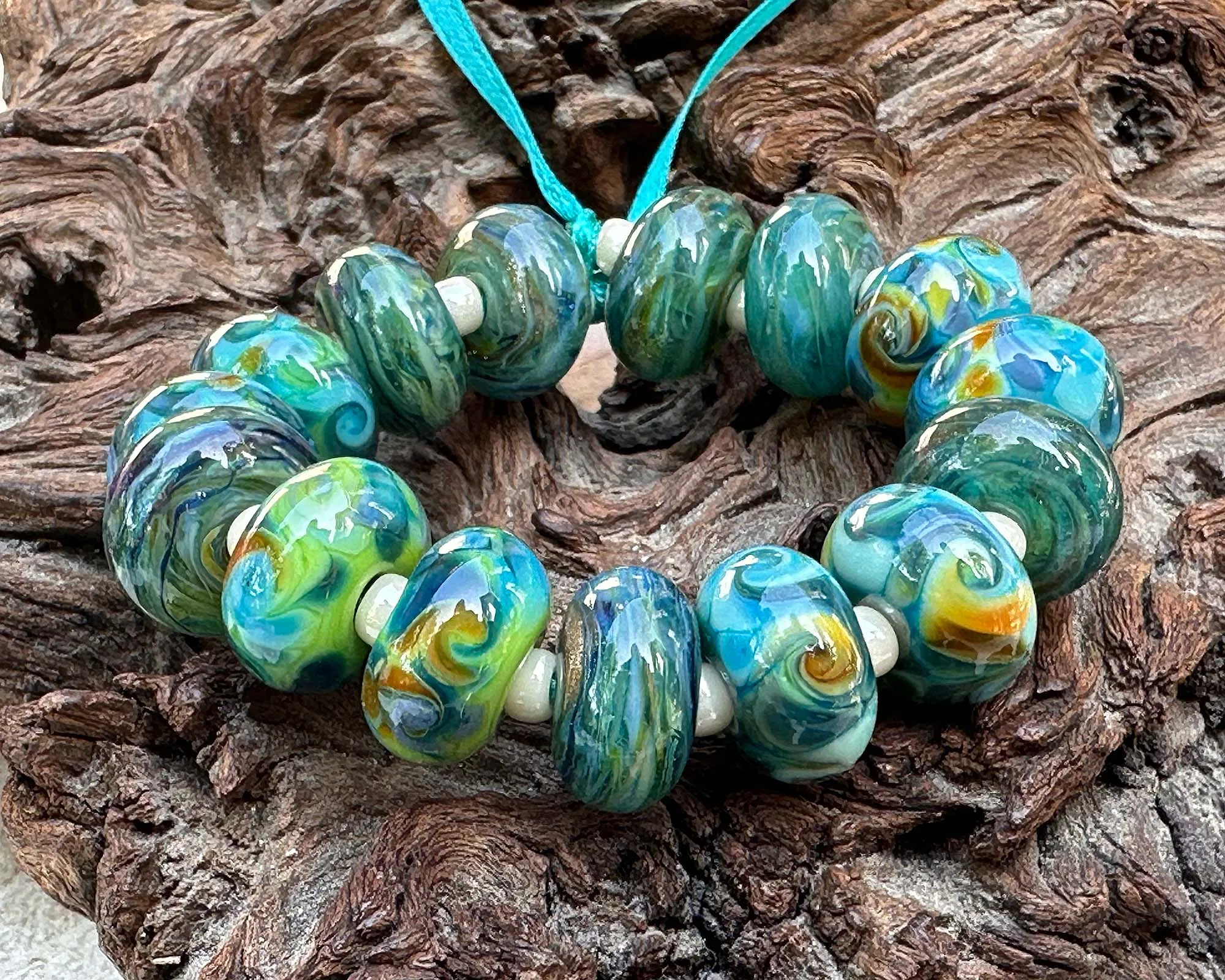 Teal Green Swirls Lampwork Beads Set SRA