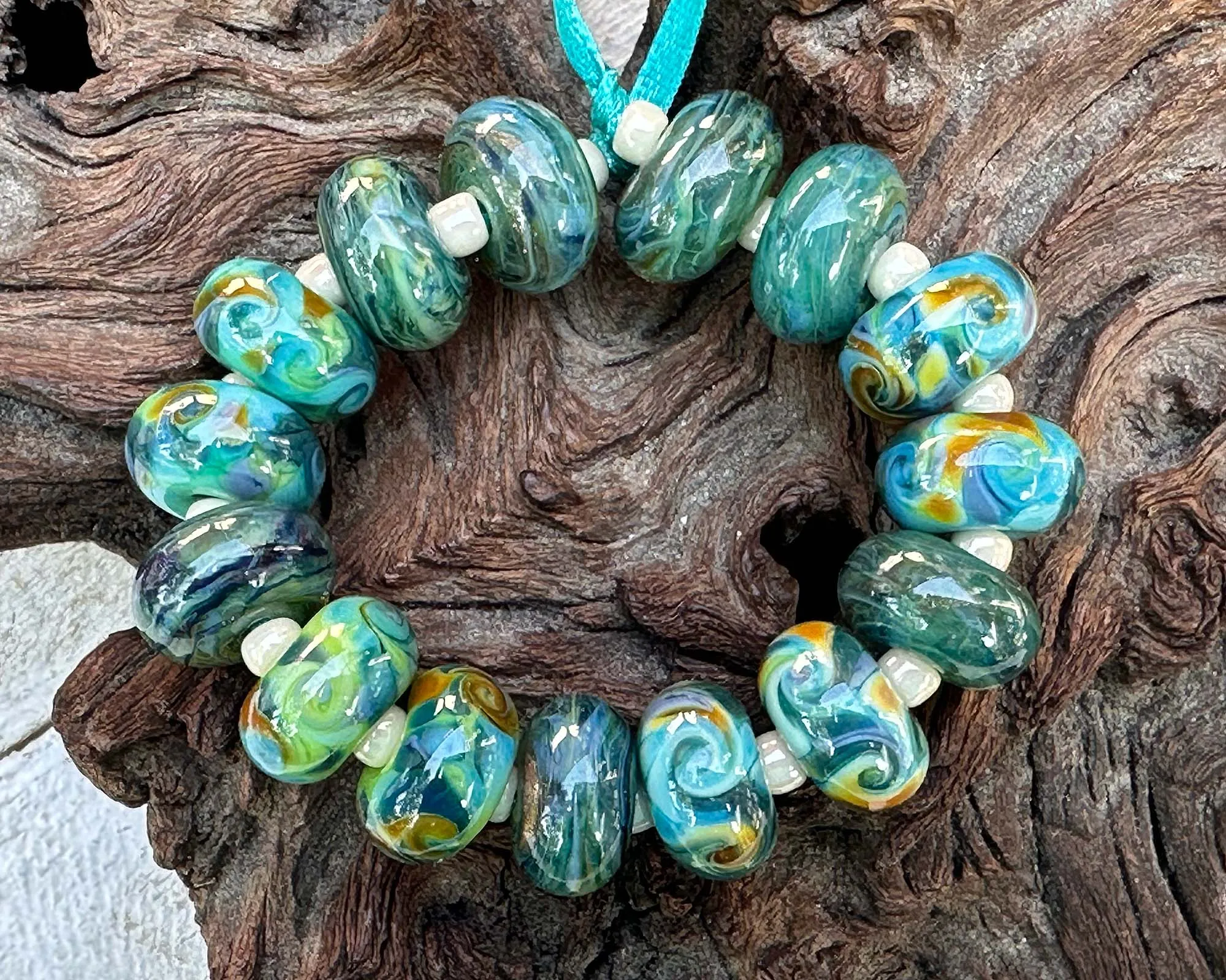 Teal Green Swirls Lampwork Beads Set SRA