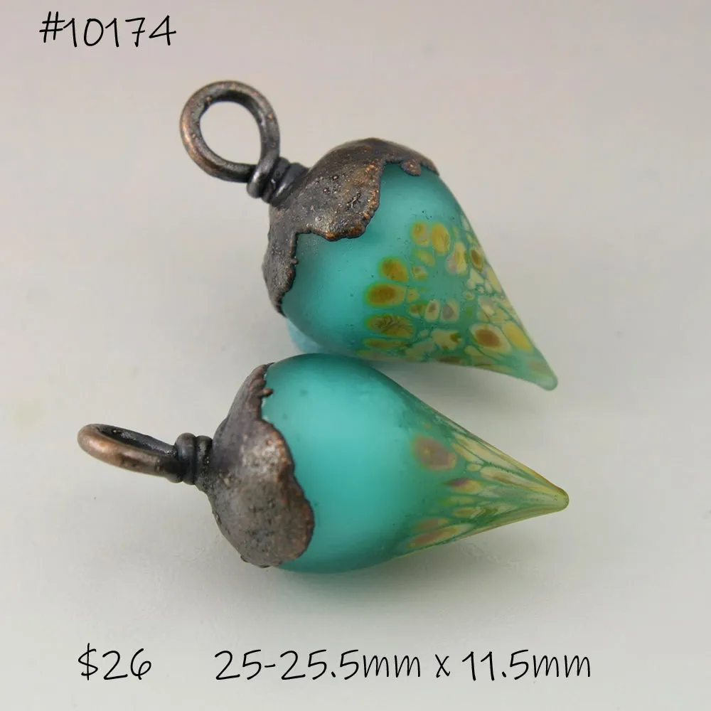 Teal over White Etched Raku Drops with Copper Electroforming