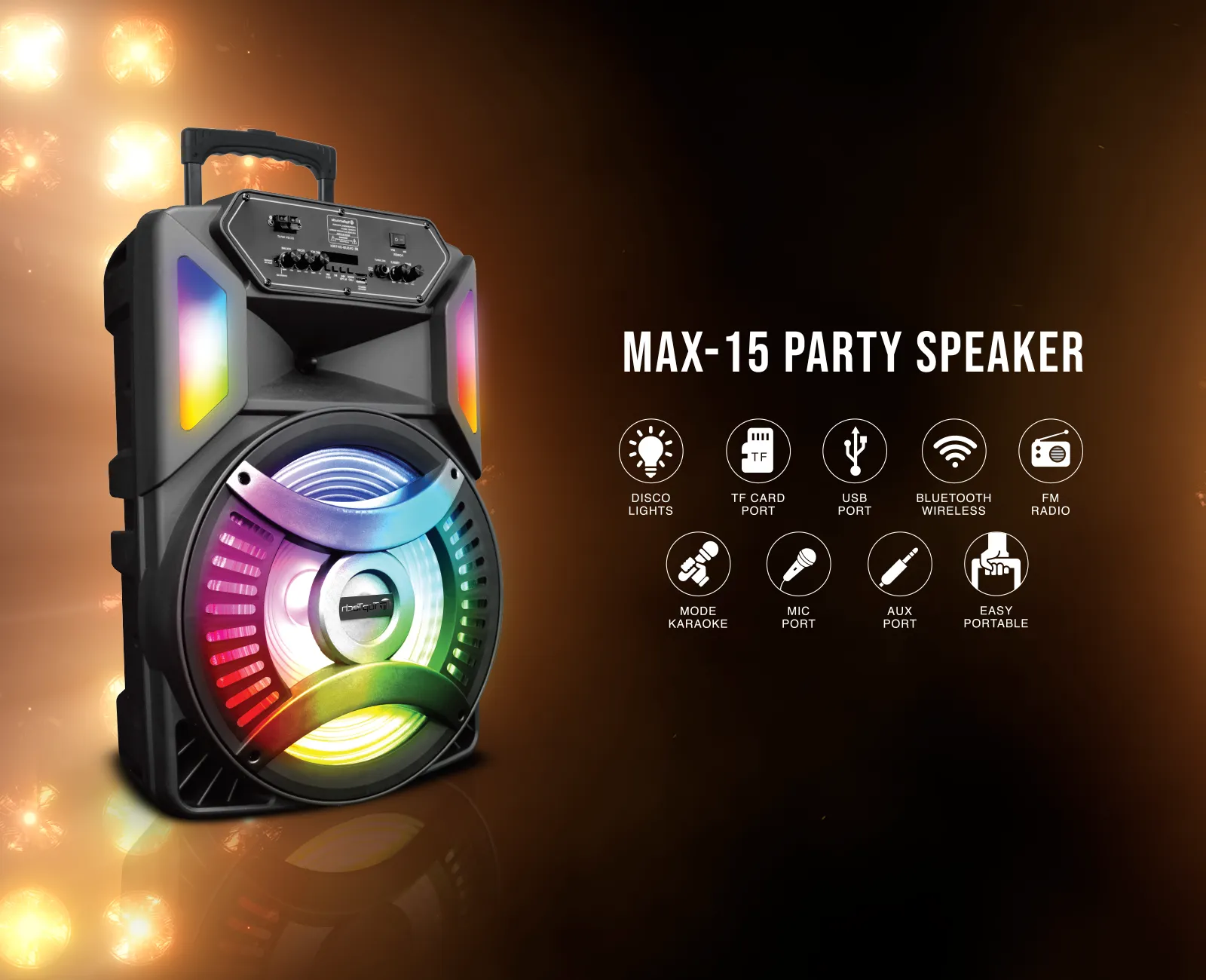 TOPTECH MAX-15 Bluetooth Party Speaker, 6000W, 15'' Woofer, Disco Lights, Karaoke