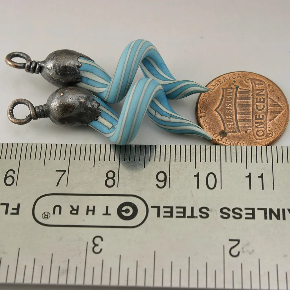 Turquoise and Ivory Pinstripes Curly Spirals with Copper Electroforming
