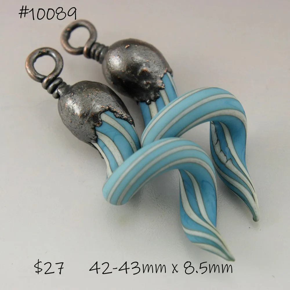 Turquoise and Ivory Pinstripes Curly Spirals with Copper Electroforming